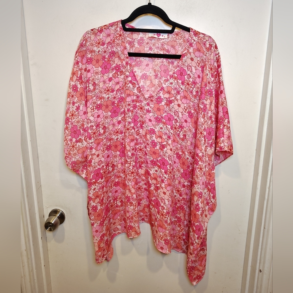 Buddy Love Pink Floral Oversized V-Neck Poncho Top Sz M Romantic Summer Beach
